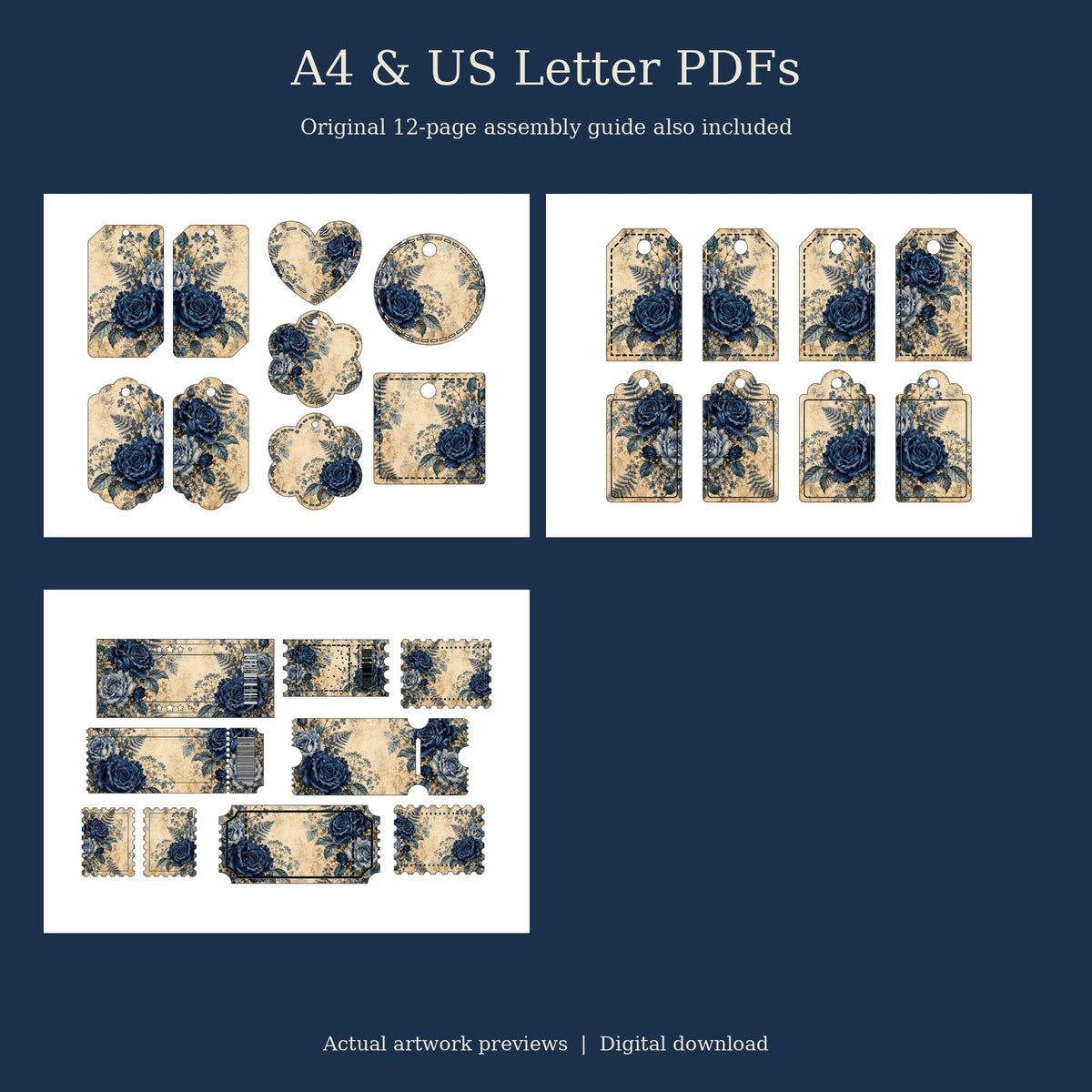 Midnight Indigo Rose - Printable Folio Kit, 12 Sheets, A4 & US Letter PDF