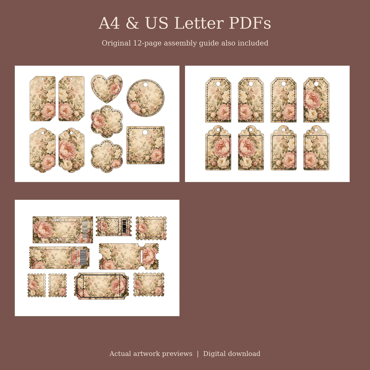 Blush Peony & Gold Leaf - Printable Folio Kit, 12 Sheets, A4 & US Letter PDF