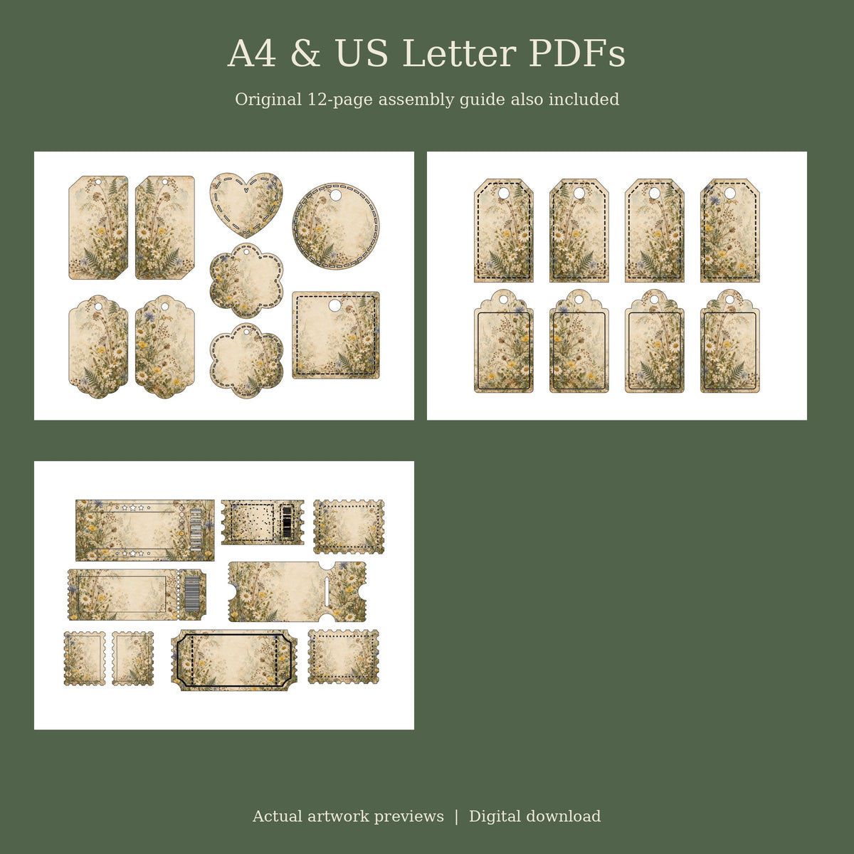 Pressed Meadow Wildflowers - Printable Folio Kit, 12 Sheets, A4 & US Letter PDF