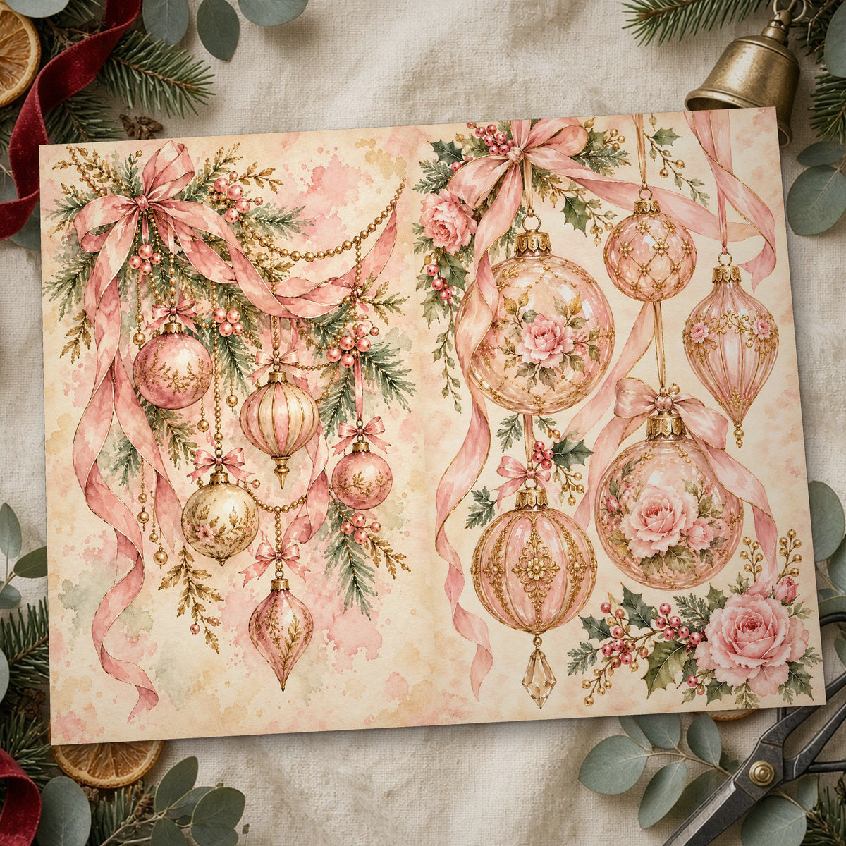 Close-up of the blush pink and gold baubles watercolour Christmas junk journal page