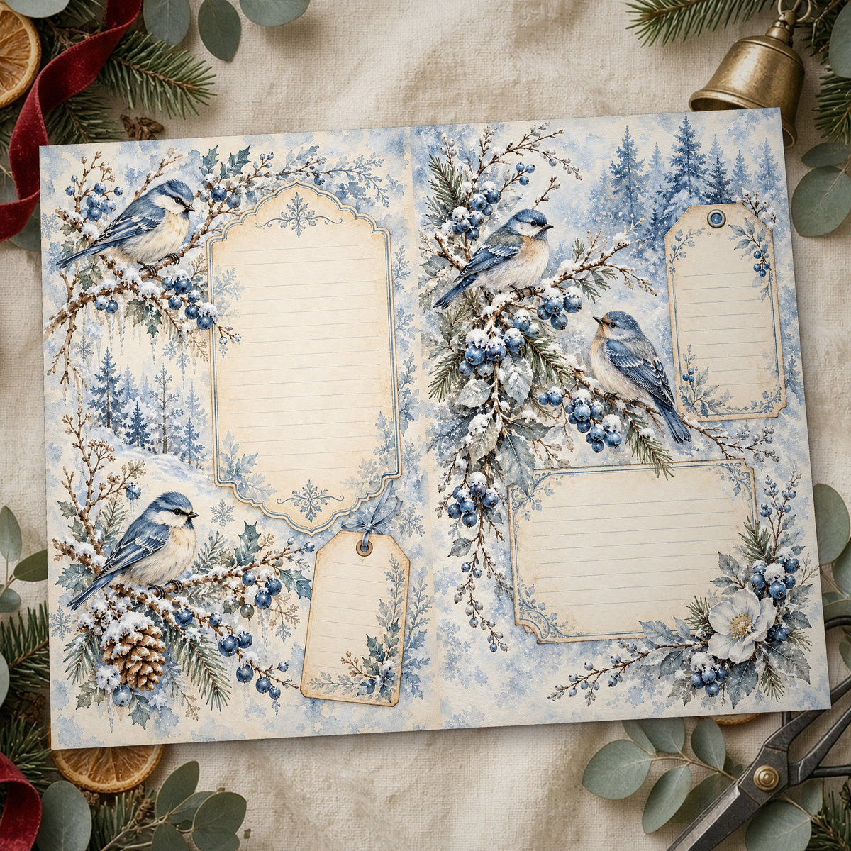 Close-up of the winter bluebirds Frosted Blue & Silver Watercolour Christmas junk journal page