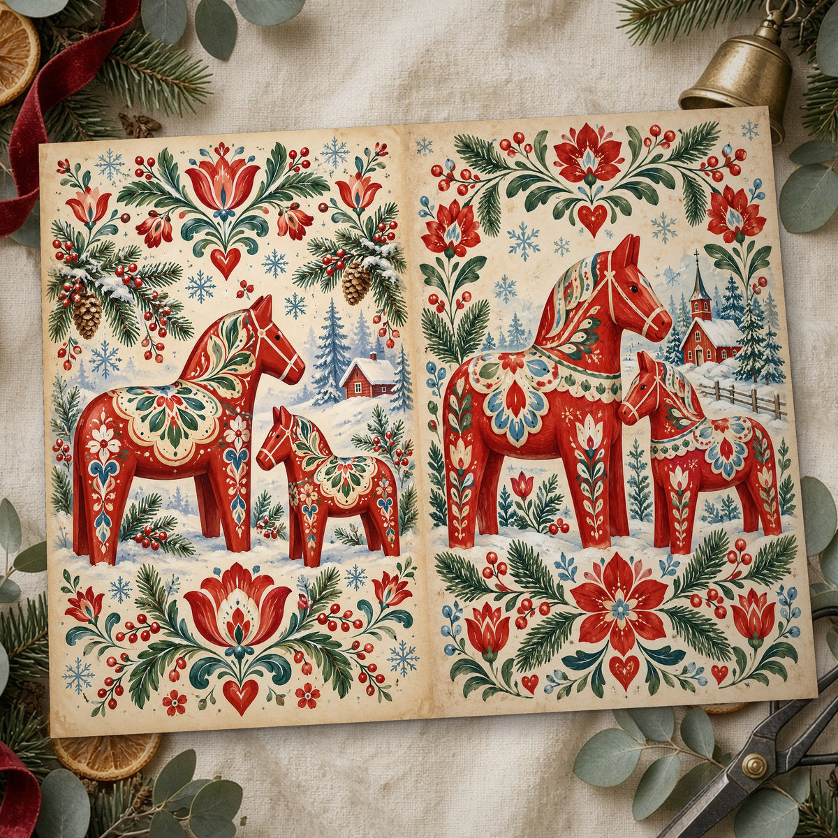 Close-up of the folk horses Nordic Christmas junk journal page
