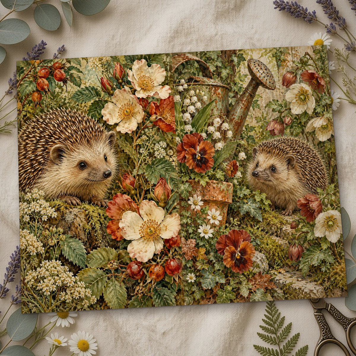 Close-up of the hedgehogs among blooms Woodland Mushroom Garden junk journal page