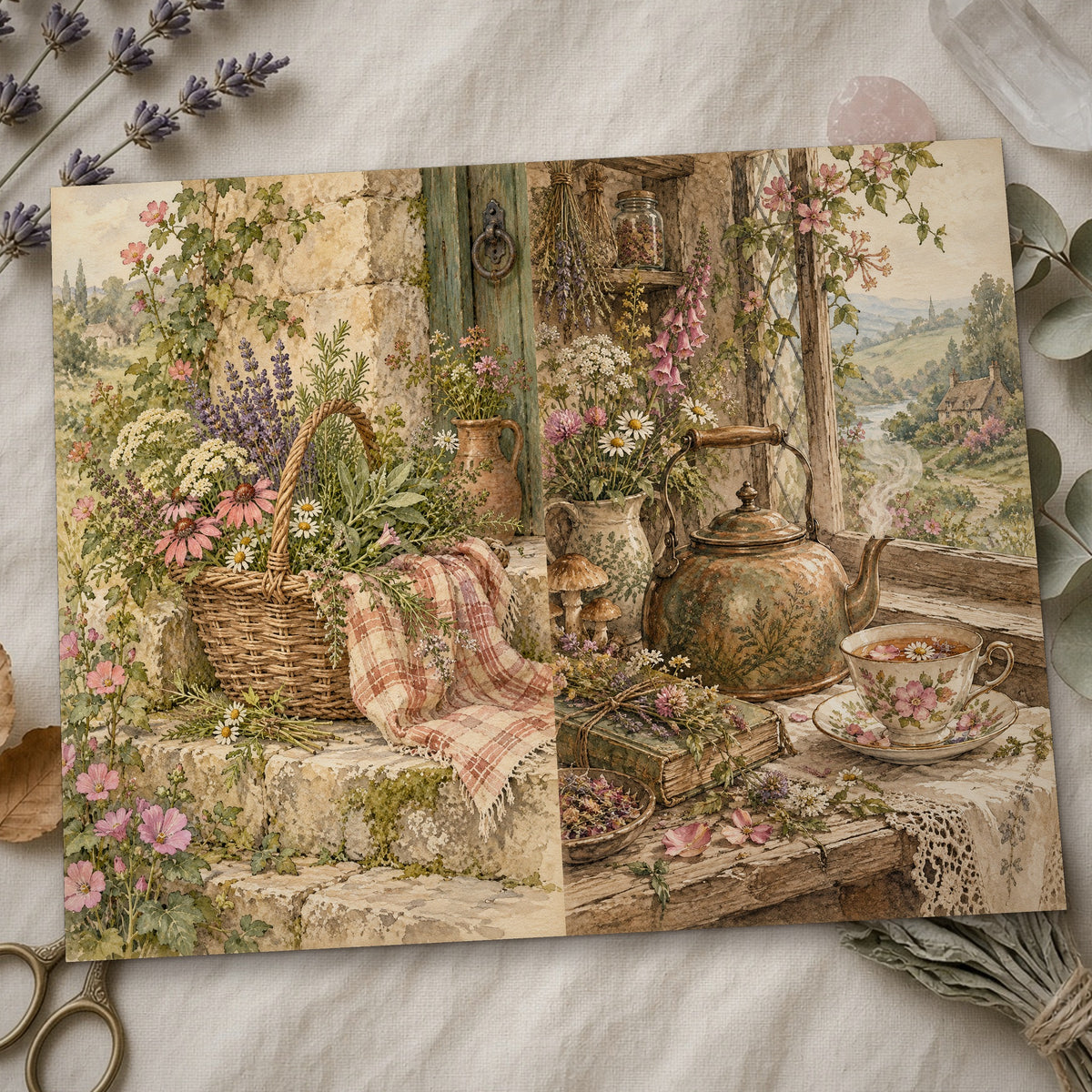 Close-up of the herbal tea Cottage Hedge Witch junk journal page