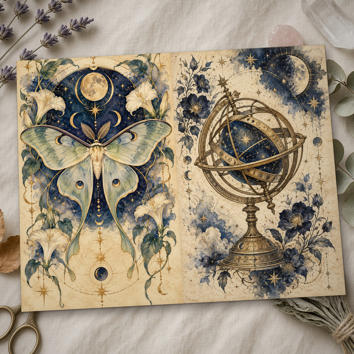 Close-up of the moth and sphere Celestial Moon Witch junk journal page