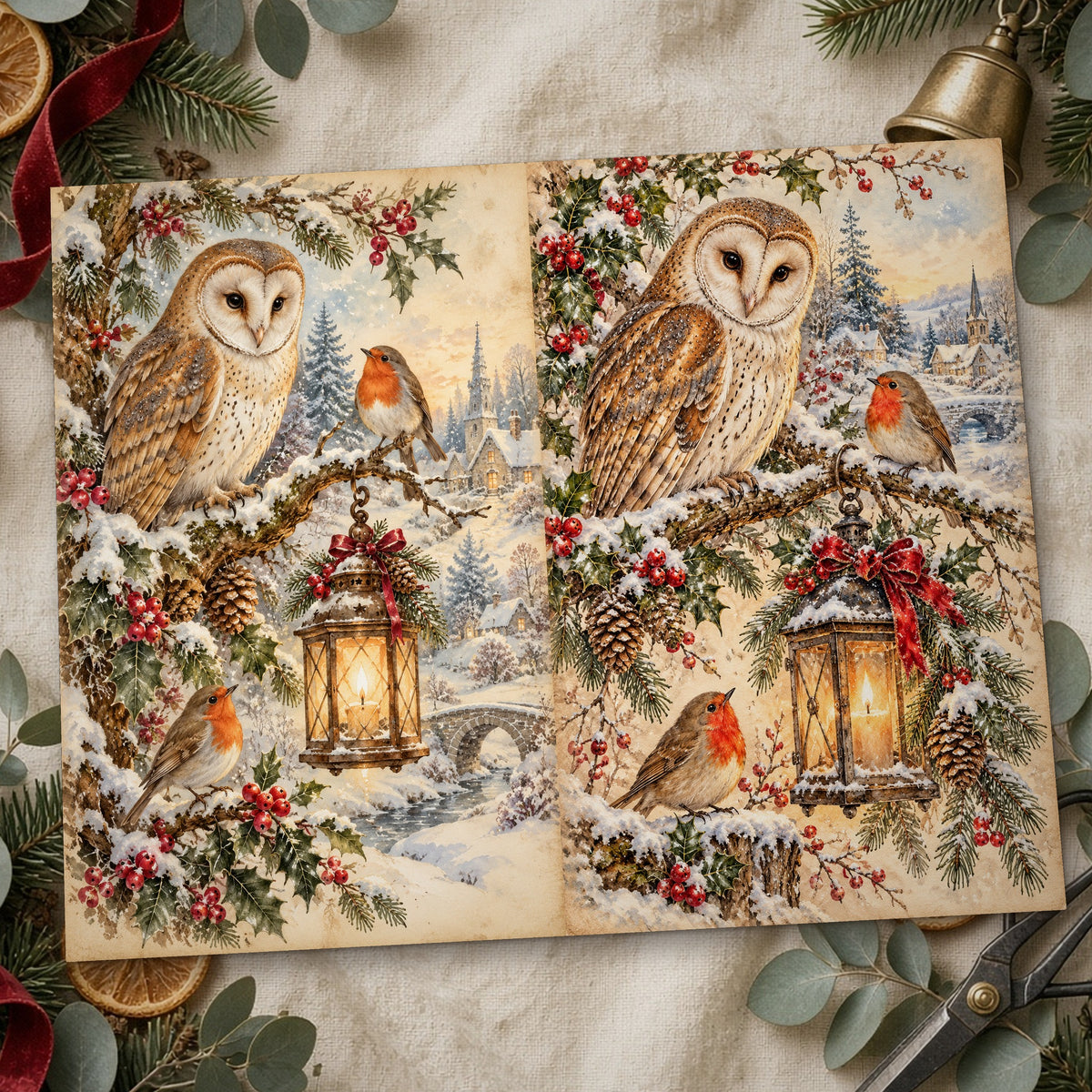 Close-up of the owls and robins woodland Christmas junk journal page