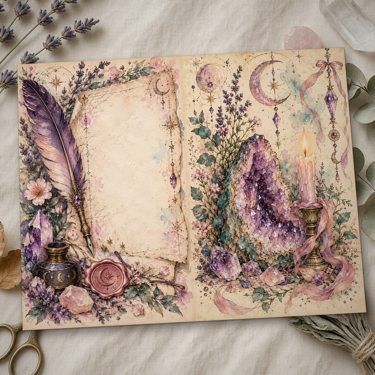 Close-up of the quill and geode Crystal Grimoire Witch junk journal page