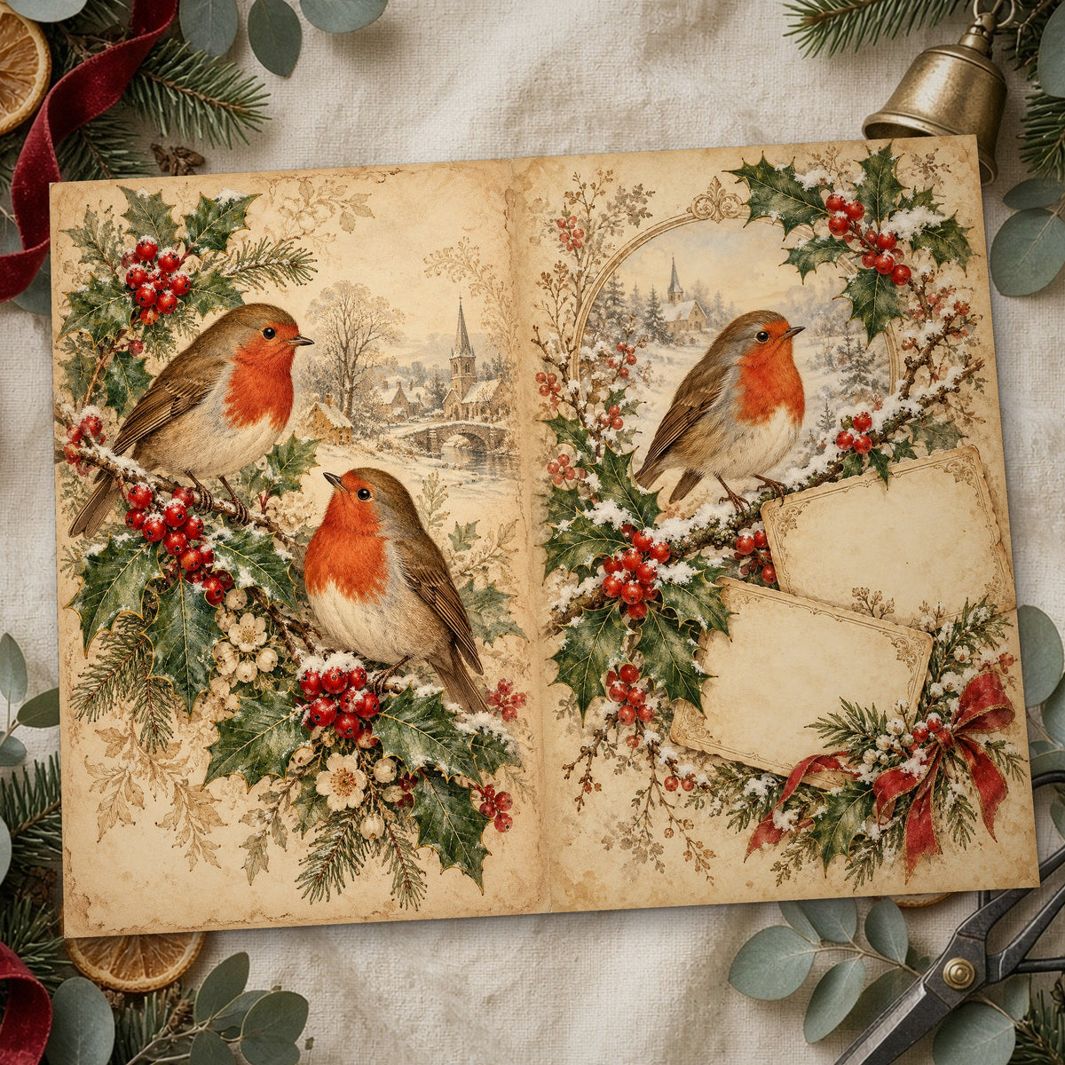 Close-up of the robins and holly vintage Christmas junk journal page