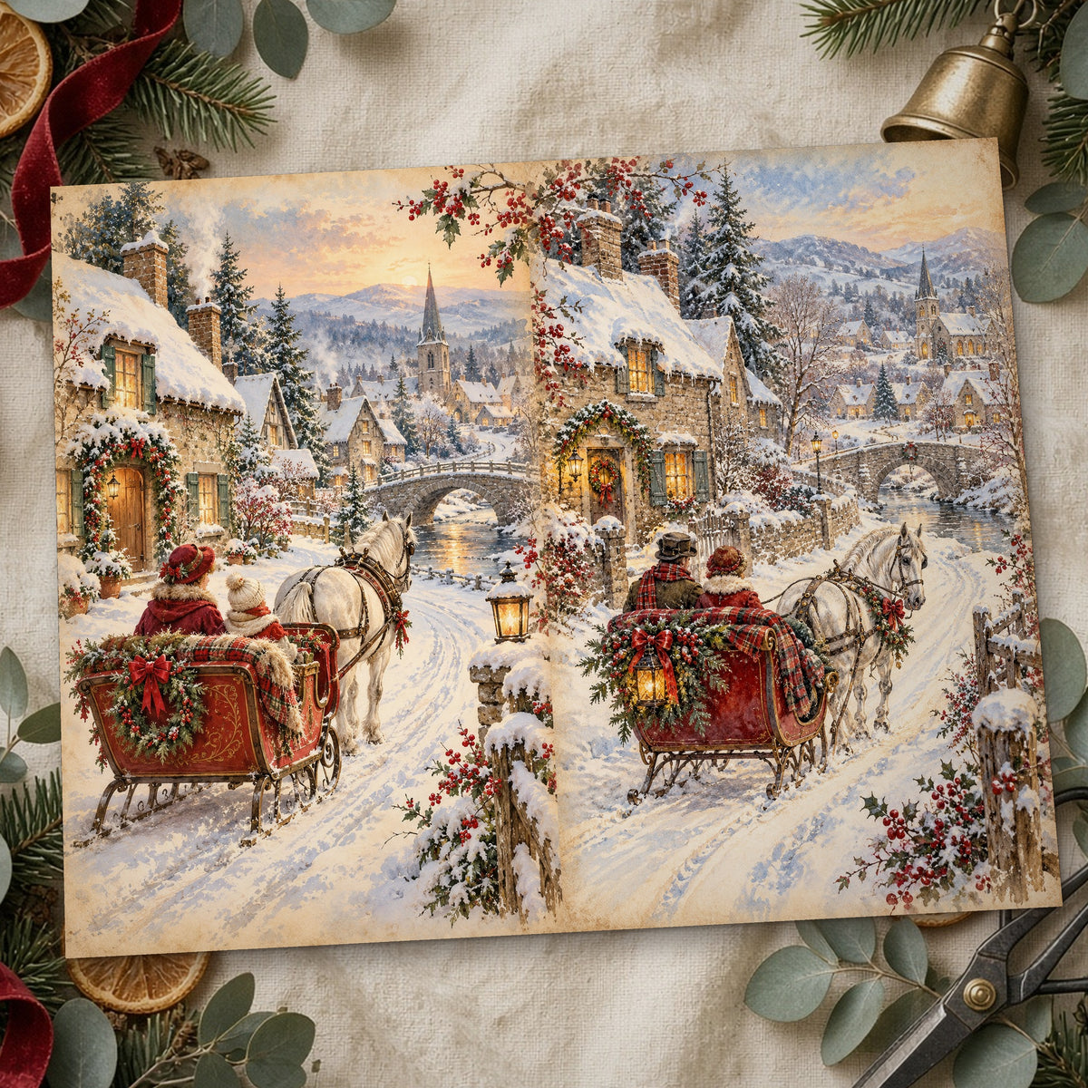 Close-up of the sleigh ride snowy village junk journal page