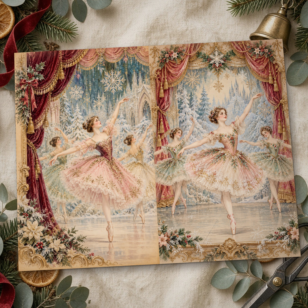 Close-up of the winter ballet Nutcracker Christmas junk journal page