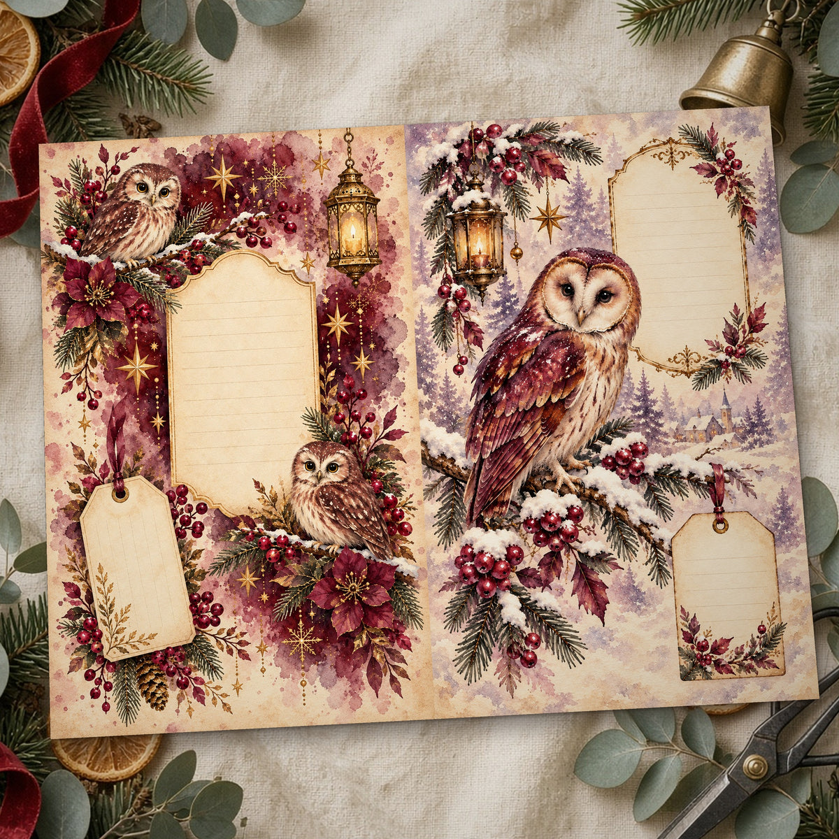 Close-up of the winter owls Plum & Burgundy Midnight Watercolour Christmas junk journal page