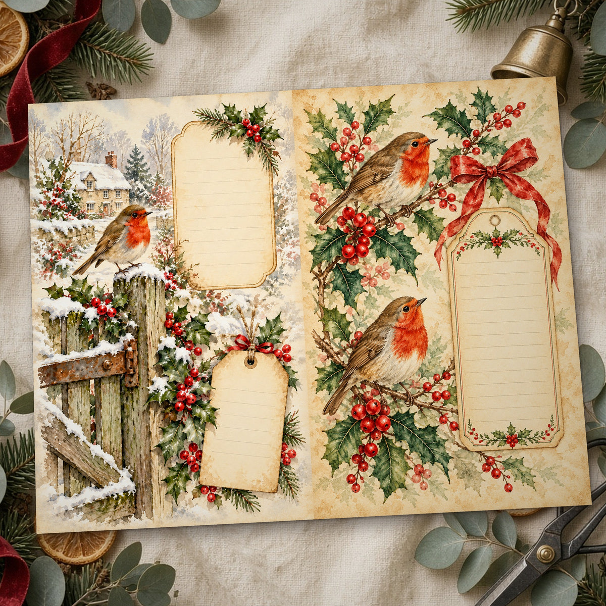 Close-up of the winter robins Red & Green Cottage Watercolour Christmas junk journal page