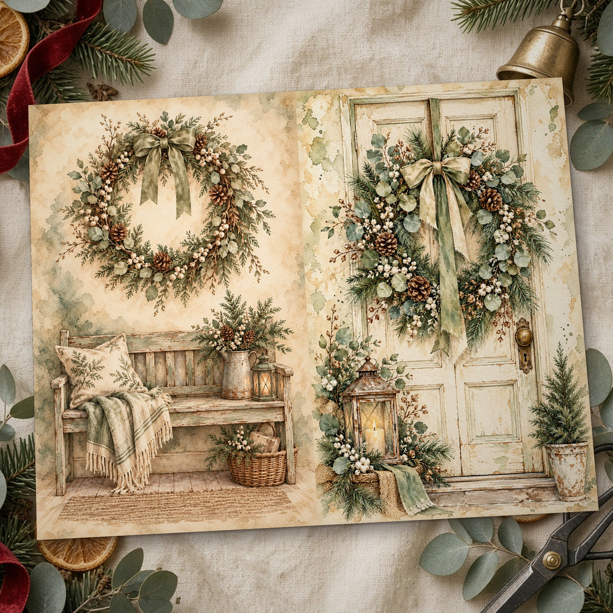 Close-up of the farmhouse wreath Sage & Cream Rustic Watercolour Christmas junk journal page
