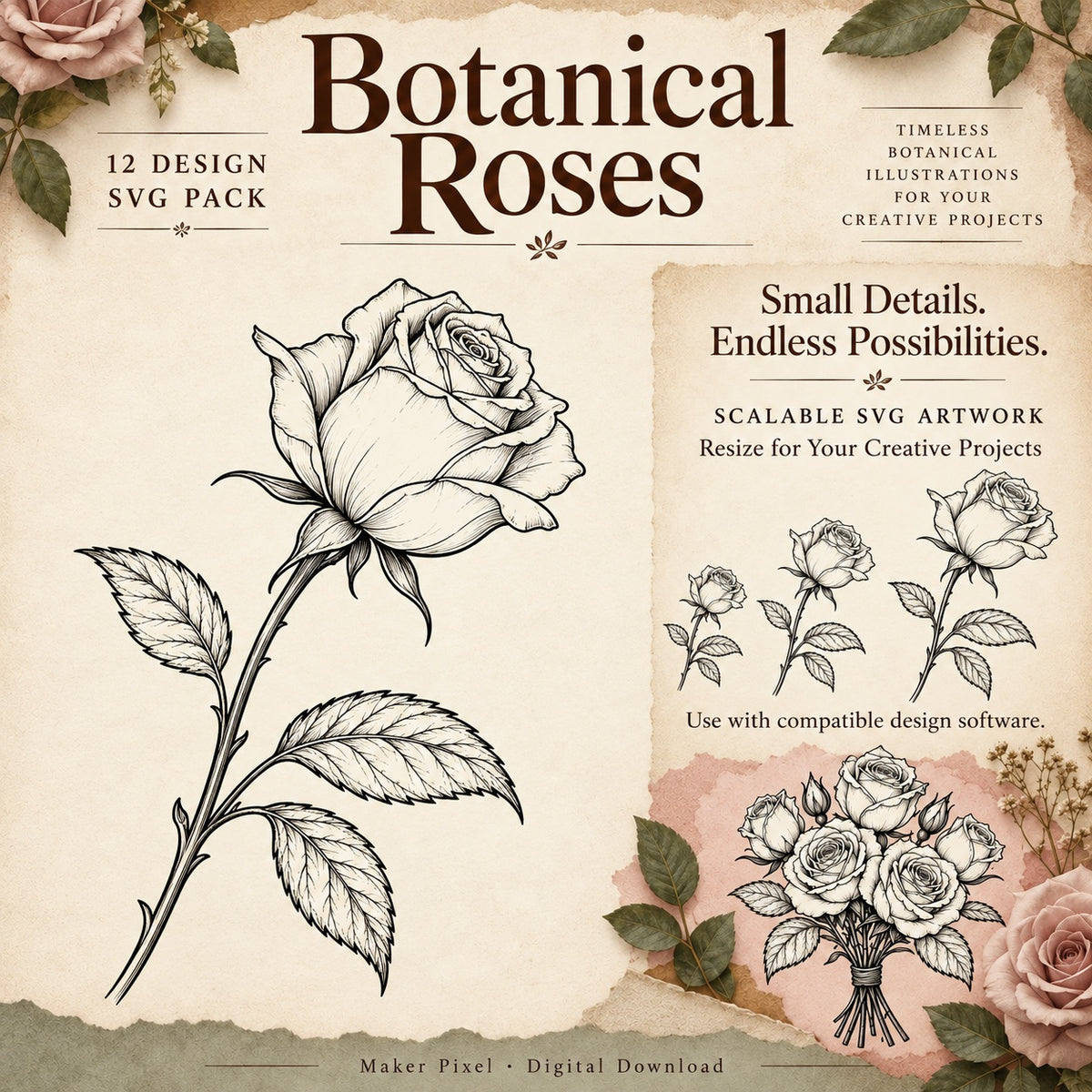 Botanical Roses SVG Pack – 12 Vintage Fine Art Line Drawings