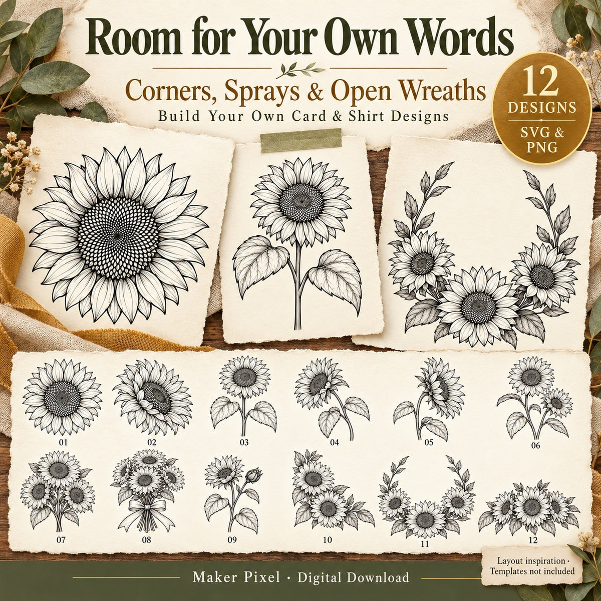 Botanical Sunflowers SVG & PNG Pack – 12 Vintage Line Art Designs