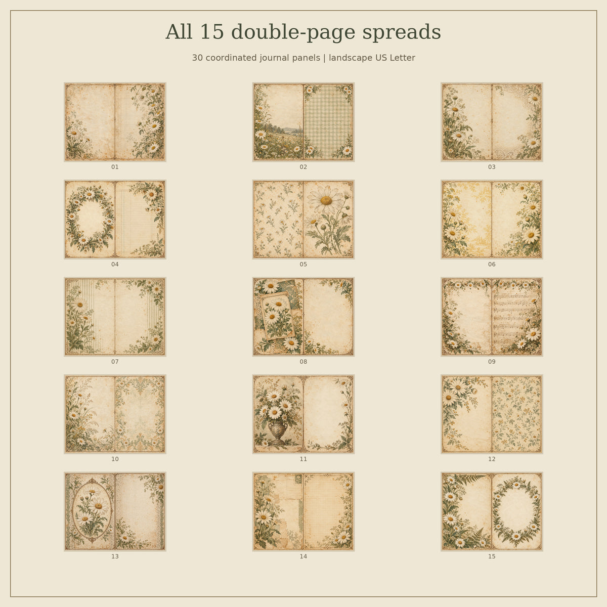 Vintage Daisy Junk Journal Kit - 15 Double-Page Spreads + 6 Ephemera Sheets