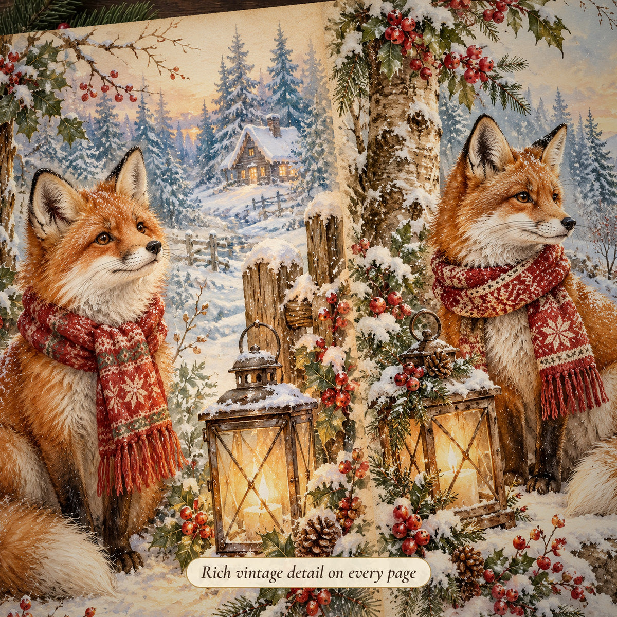 Detail of the fox lantern woodland Christmas junk journal page