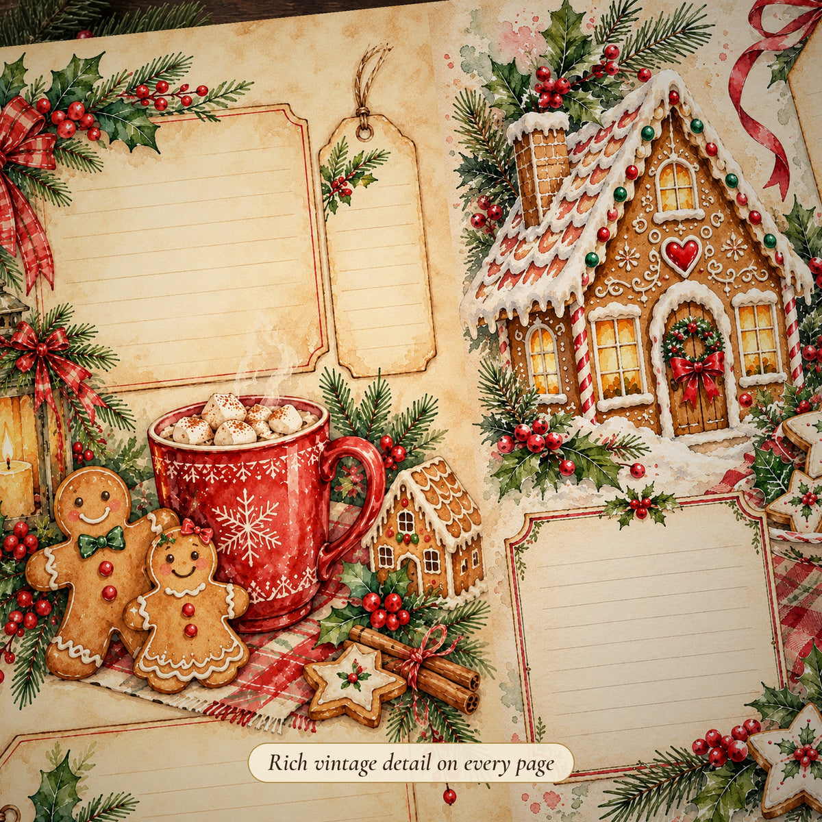 Detail of the gingerbread Red & Green Cottage Watercolour Christmas junk journal page