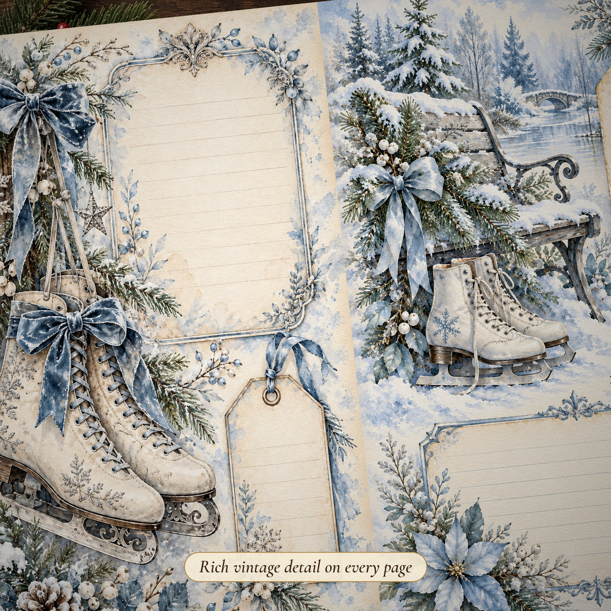 Detail of the vintage ice skates Frosted Blue & Silver Watercolour Christmas junk journal page