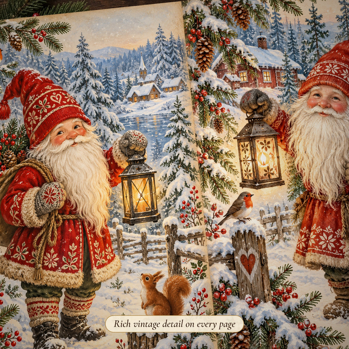 Detail of the lantern tomte Nordic Christmas junk journal page