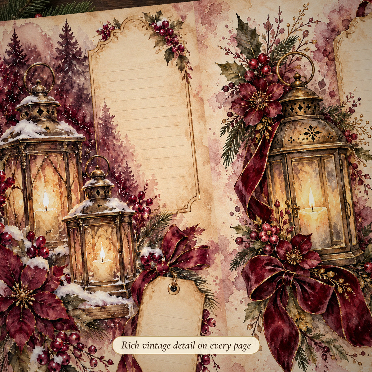 Detail of the candlelit lanterns Plum & Burgundy Midnight Watercolour Christmas junk journal page