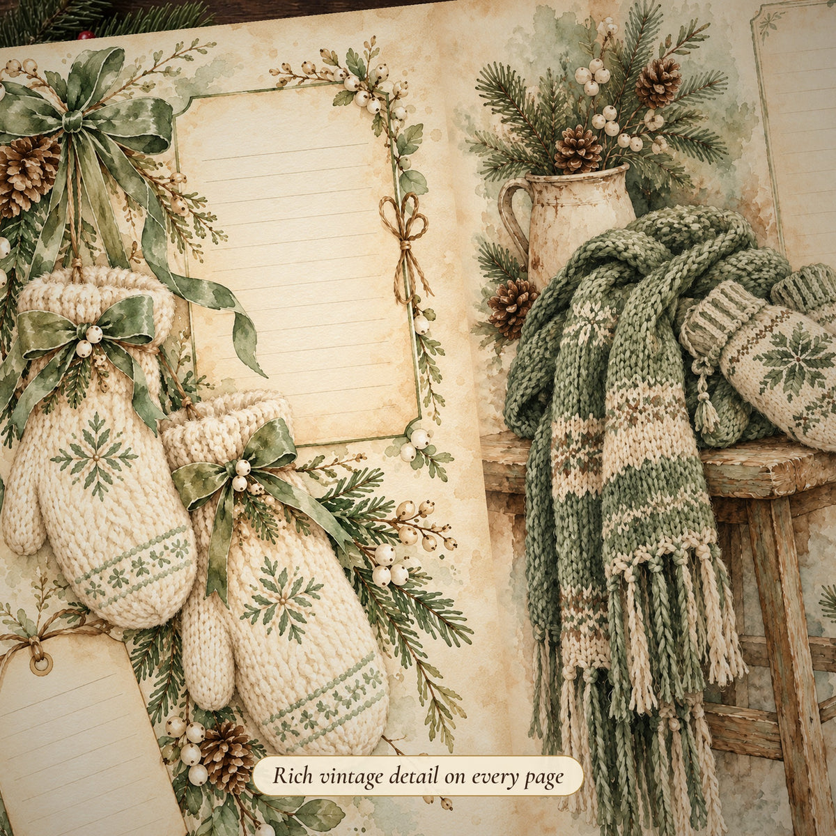Detail of the knitted mittens Sage & Cream Rustic Watercolour Christmas junk journal page