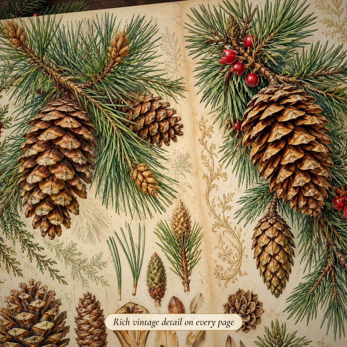 Detail of the pine cone study Christmas botanical junk journal page