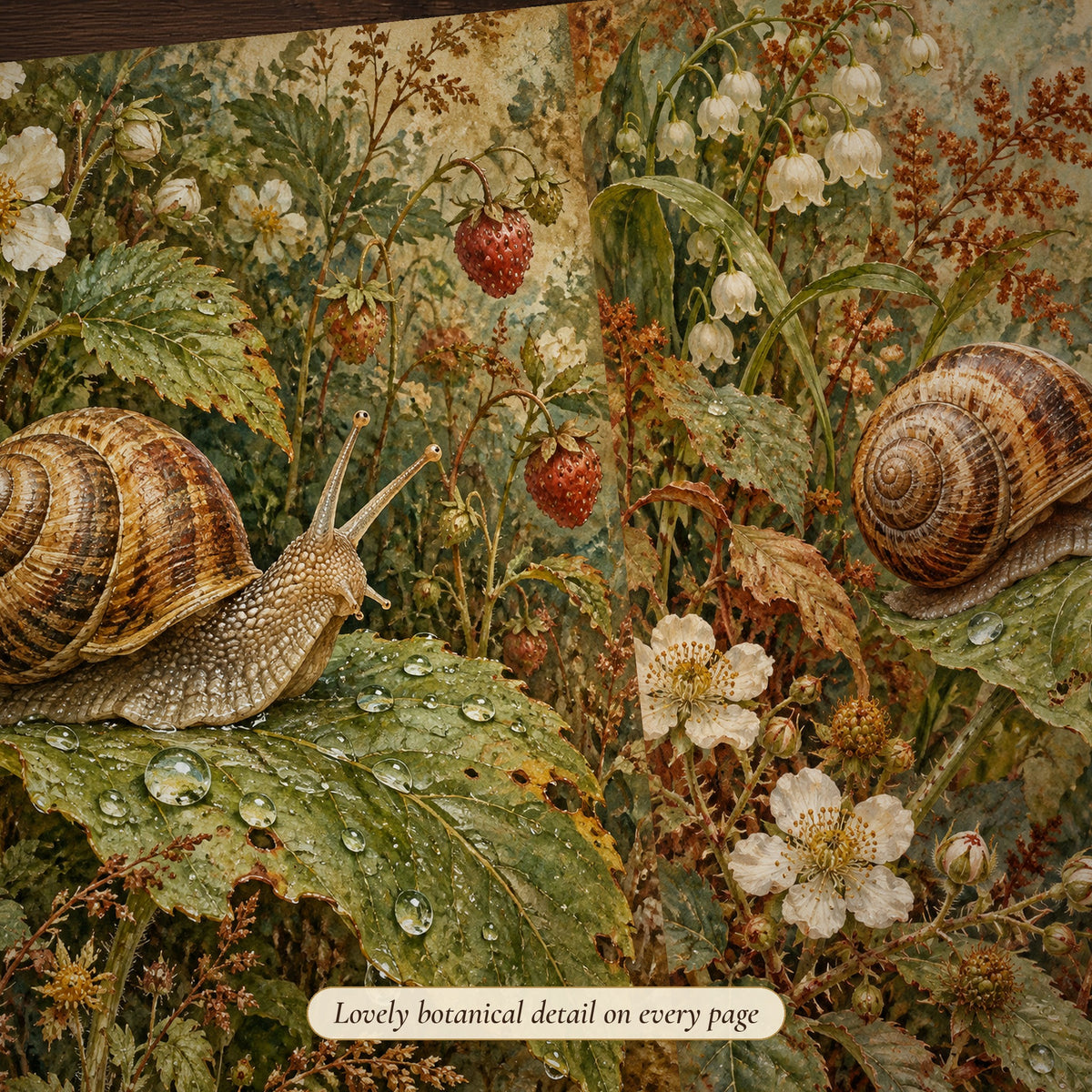 Detail of the snail on a leaf Woodland Mushroom Garden junk journal page