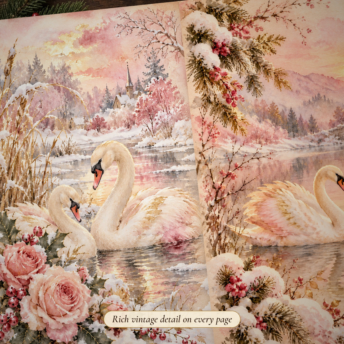 Detail of the swans watercolour Christmas junk journal page