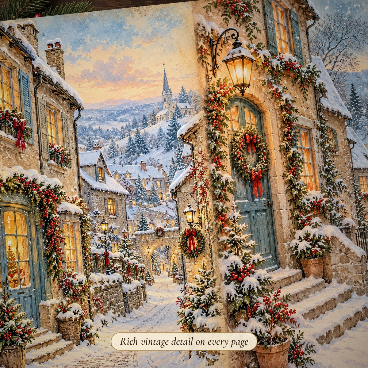 Detail of the village street snowy village junk journal page