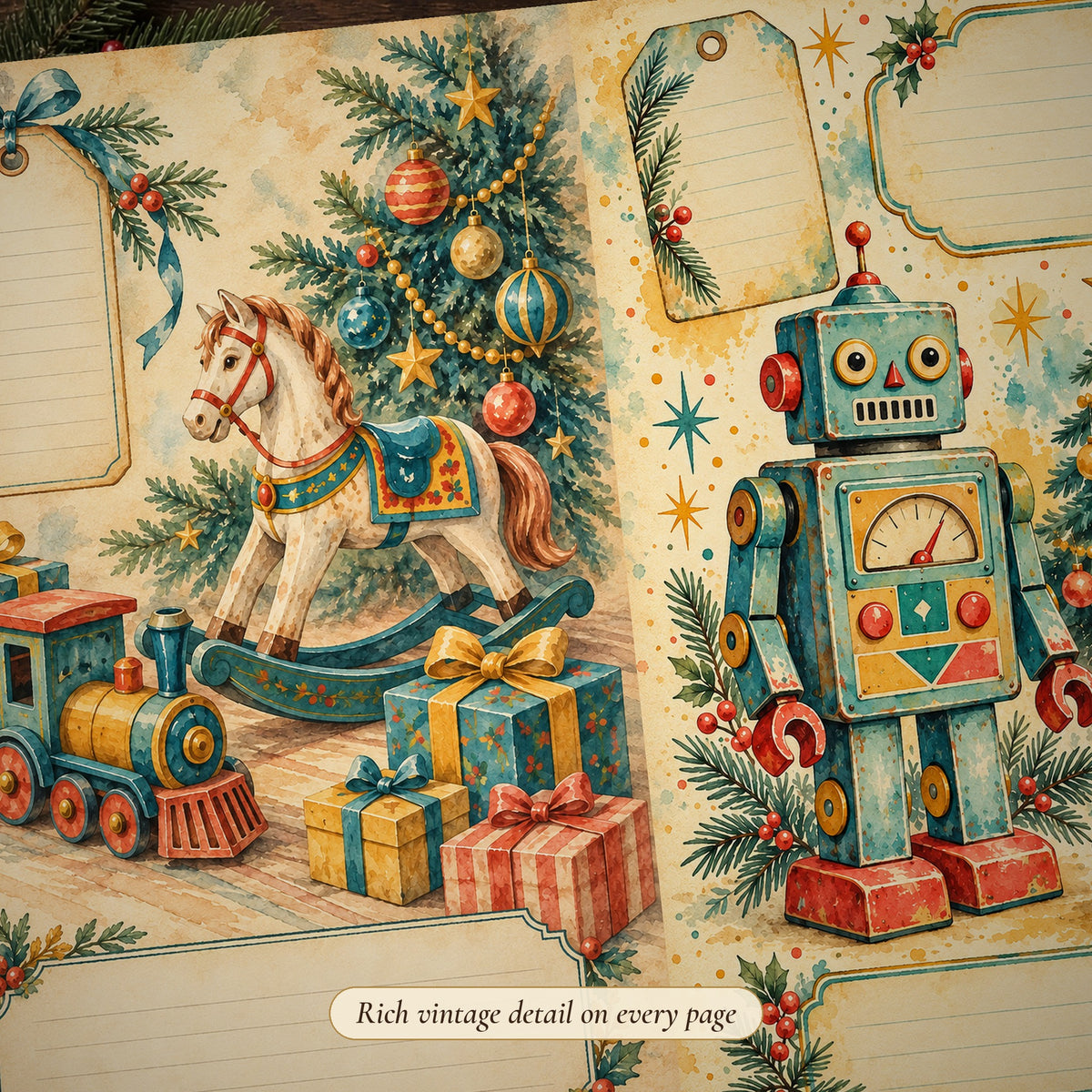 Detail of the vintage toys Retro Teal & Mustard Watercolour Christmas junk journal page