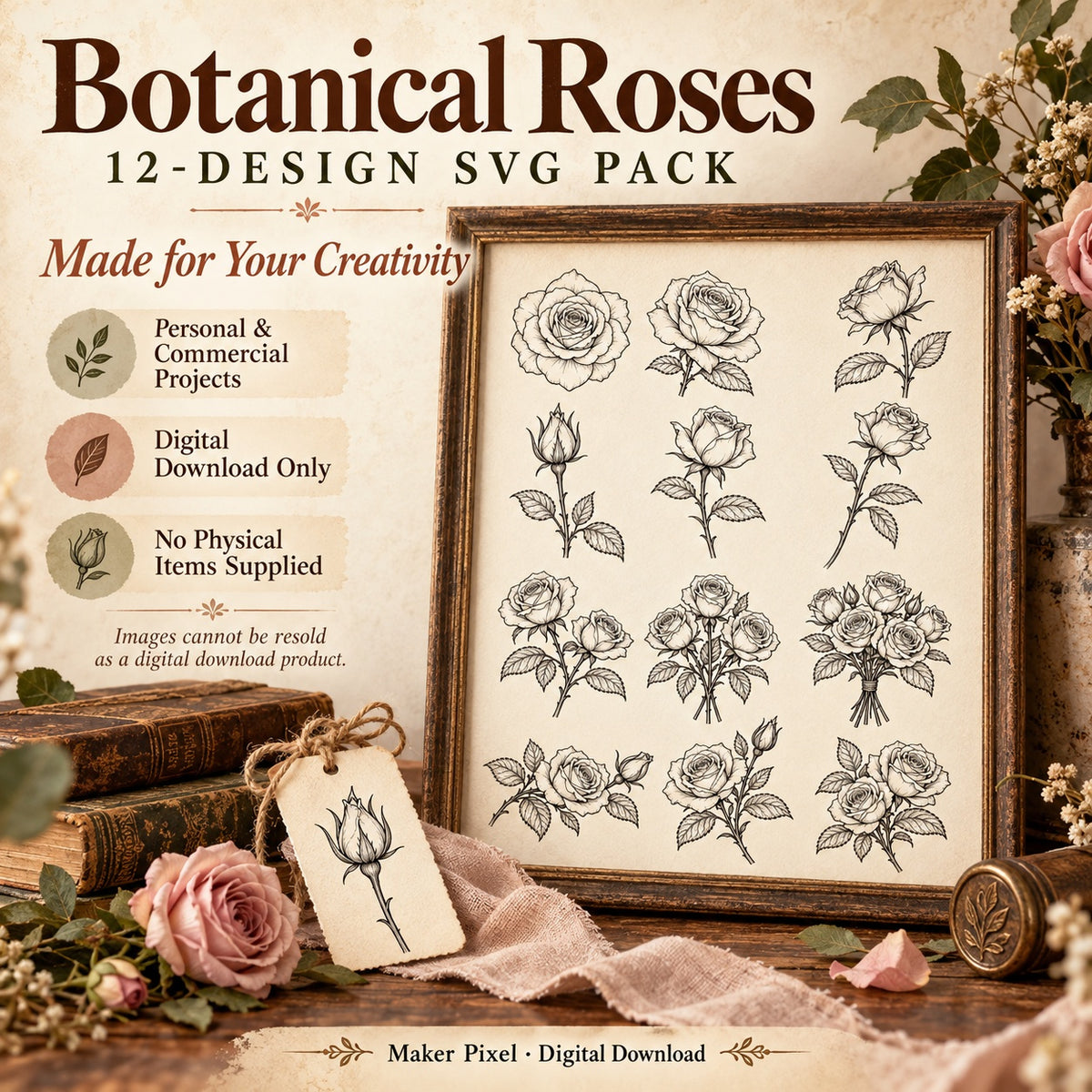 Botanical Roses SVG Pack – 12 Vintage Fine Art Line Drawings