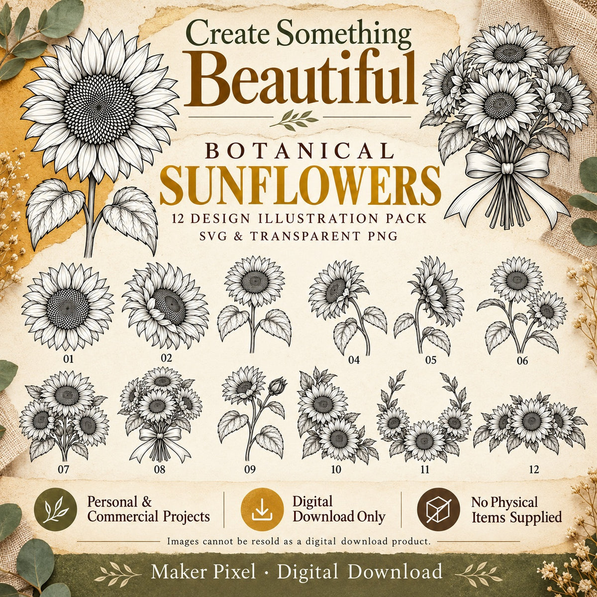 Botanical Sunflowers SVG & PNG Pack – 12 Vintage Line Art Designs