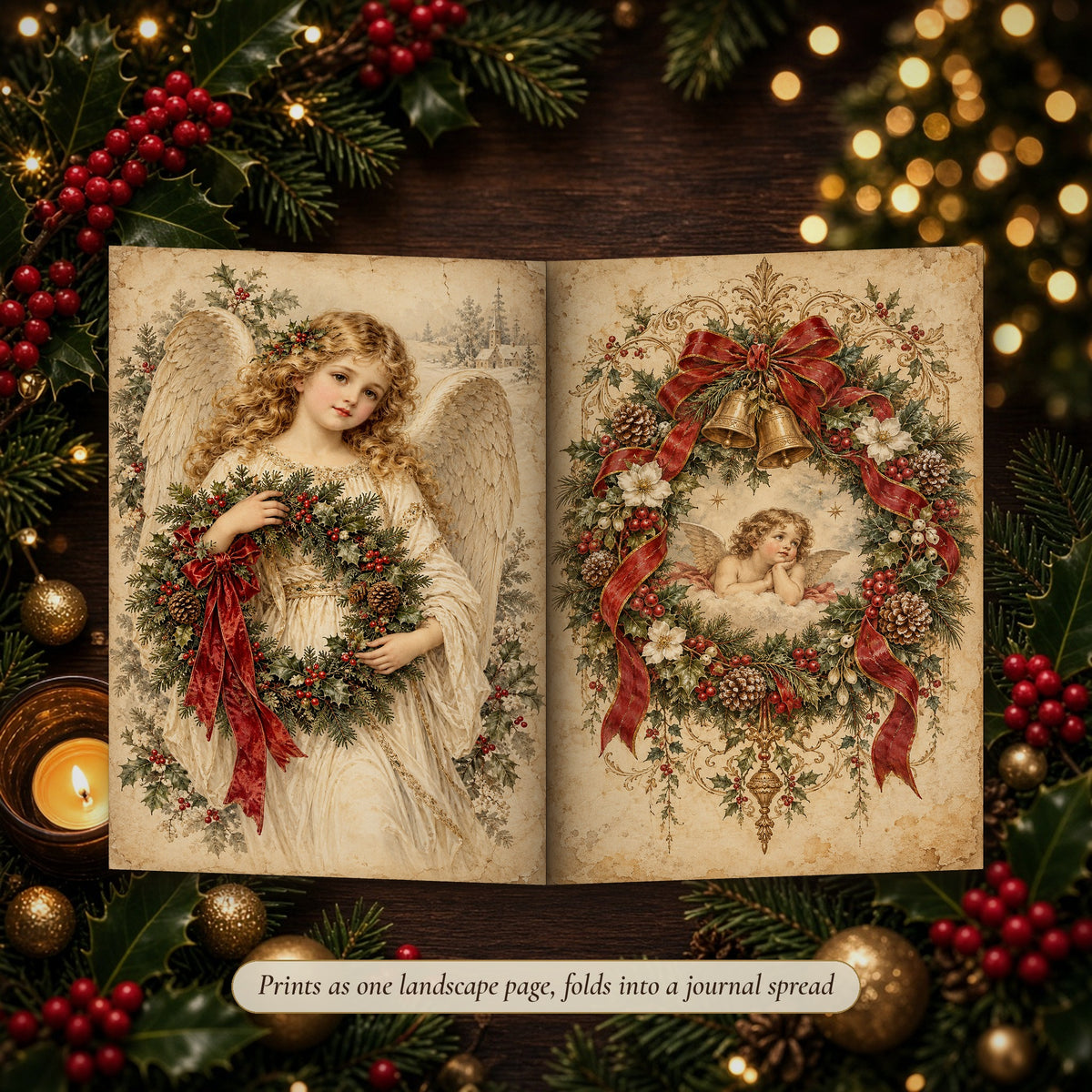 Vintage Christmas double-page spread folded into a handmade junk journal