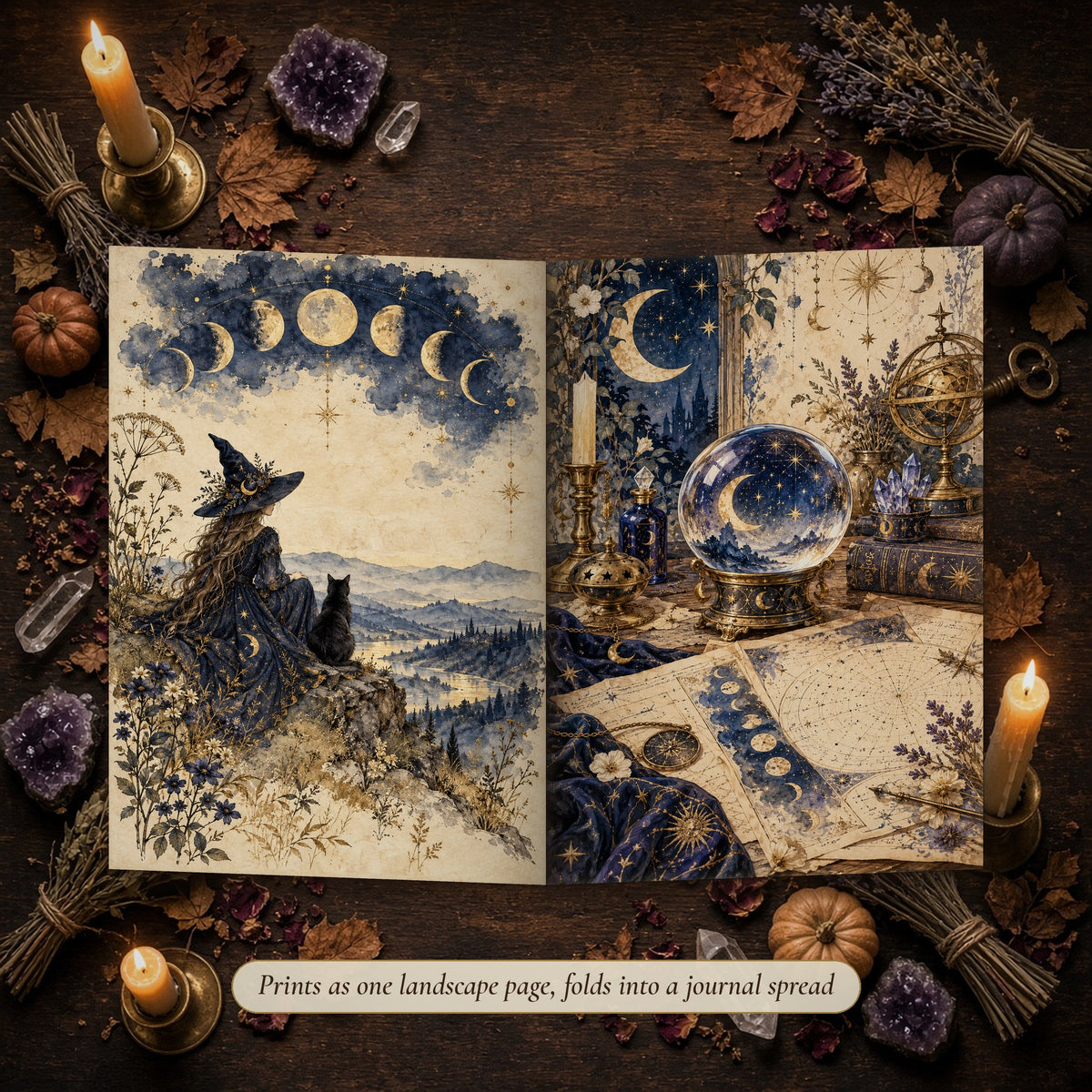 Celestial Moon Witch double-page spread folded into a handmade junk journal