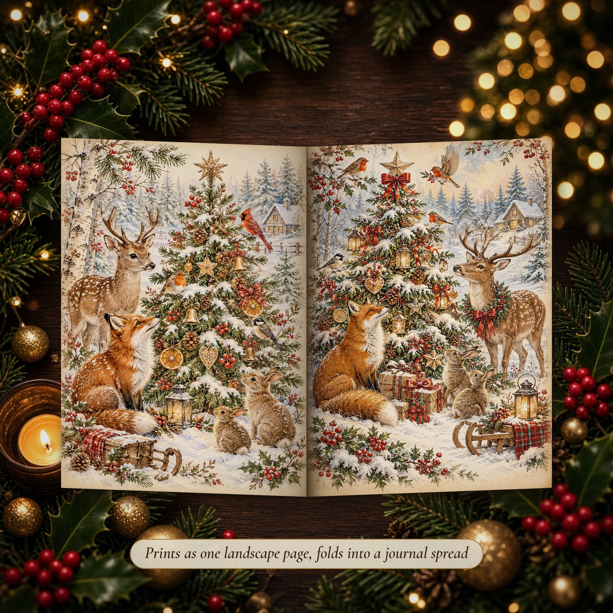 Woodland Animal Christmas double-page spread folded into a handmade junk journal