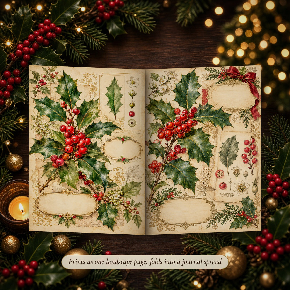 Christmas Botanicals double-page spread folded into a handmade junk journal