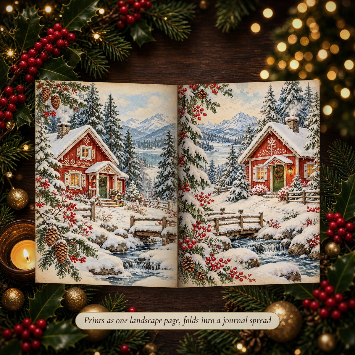 Nordic Folk Christmas double-page spread folded into a handmade junk journal