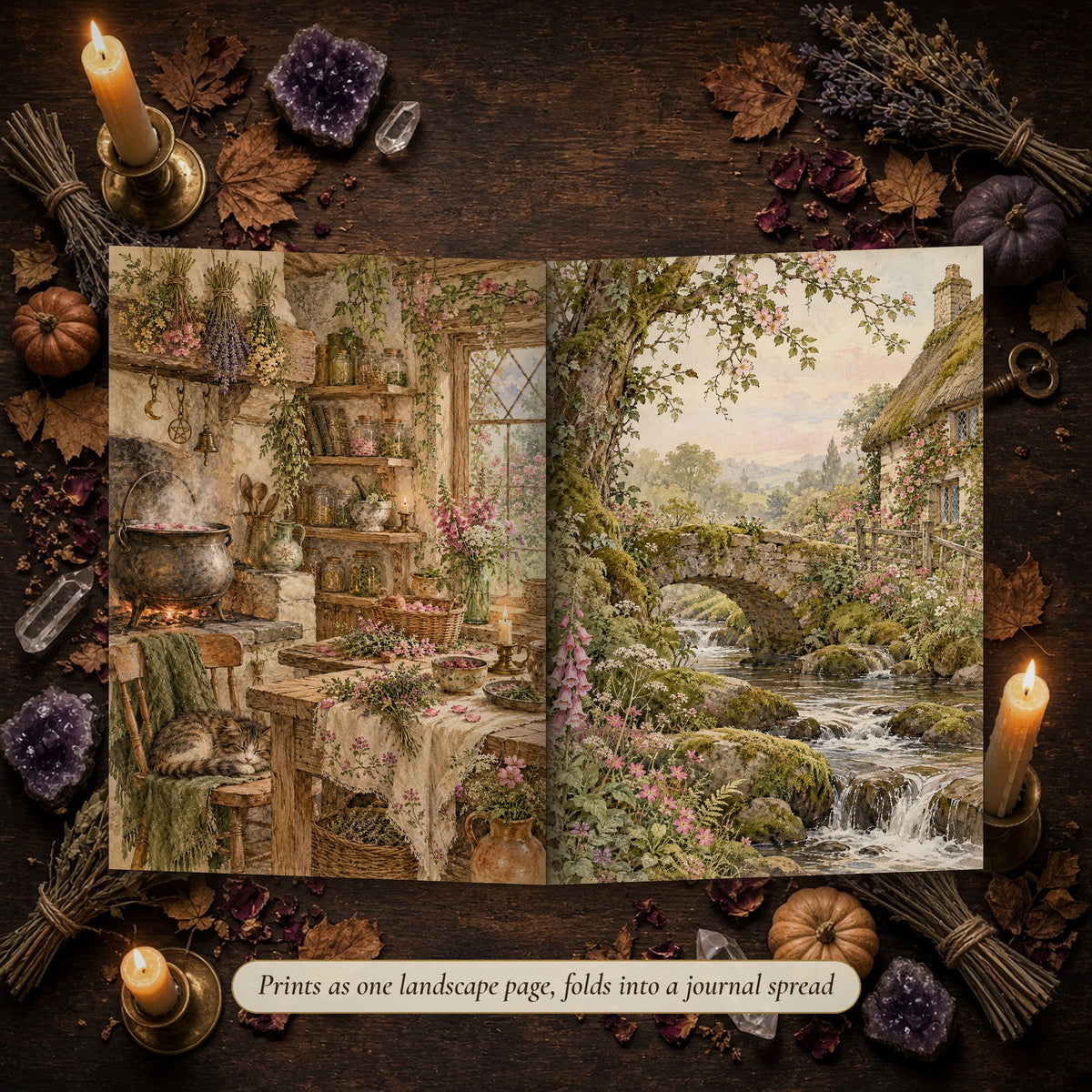 Cottage Hedge Witch double-page spread folded into a handmade junk journal