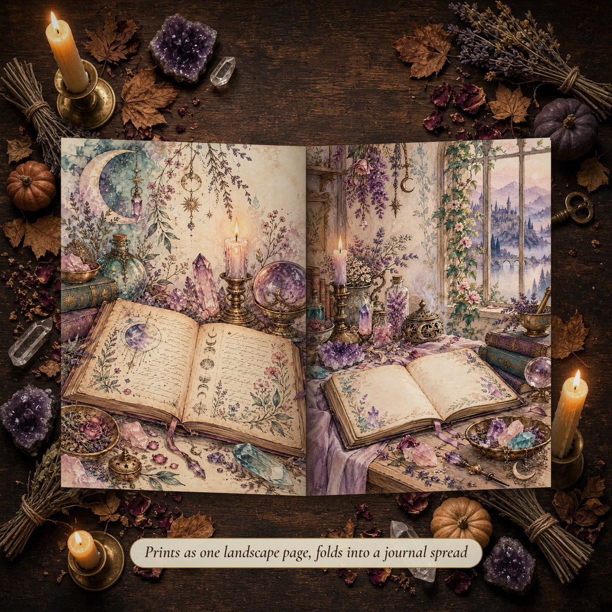 Crystal Grimoire Witch double-page spread folded into a handmade junk journal