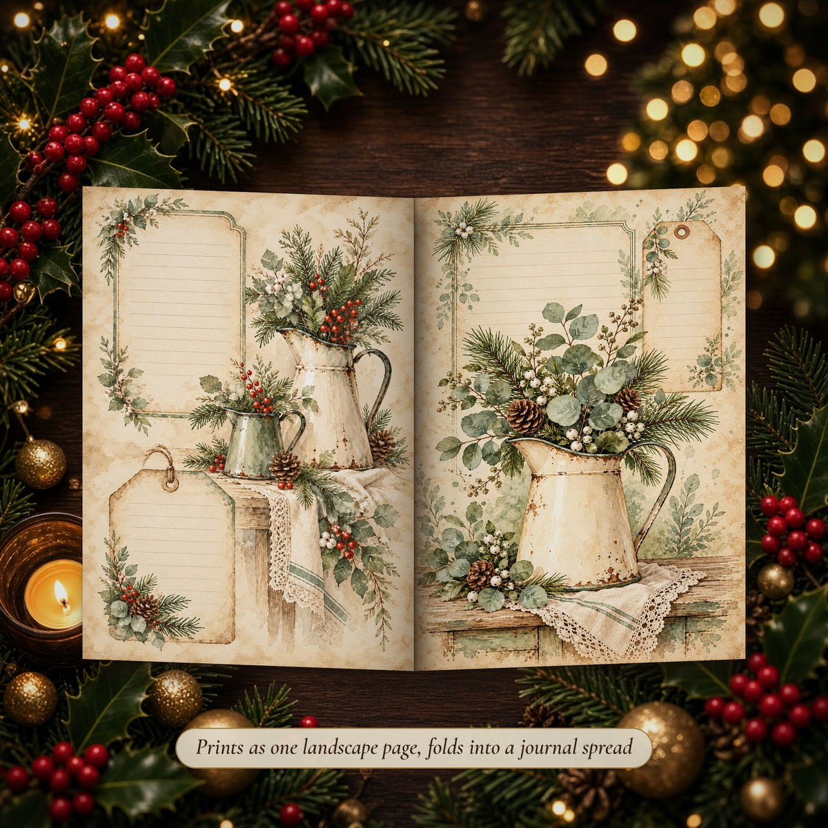 Sage & Cream Rustic Watercolour Christmas double-page spread folded into a handmade junk journal