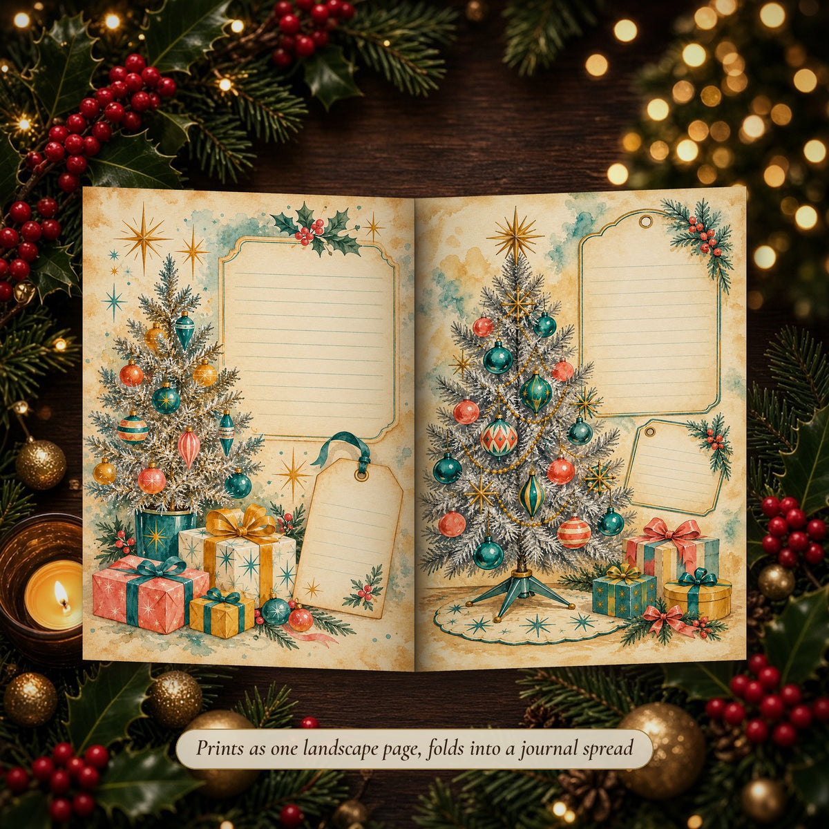 Retro Teal & Mustard Watercolour Christmas double-page spread folded into a handmade junk journal