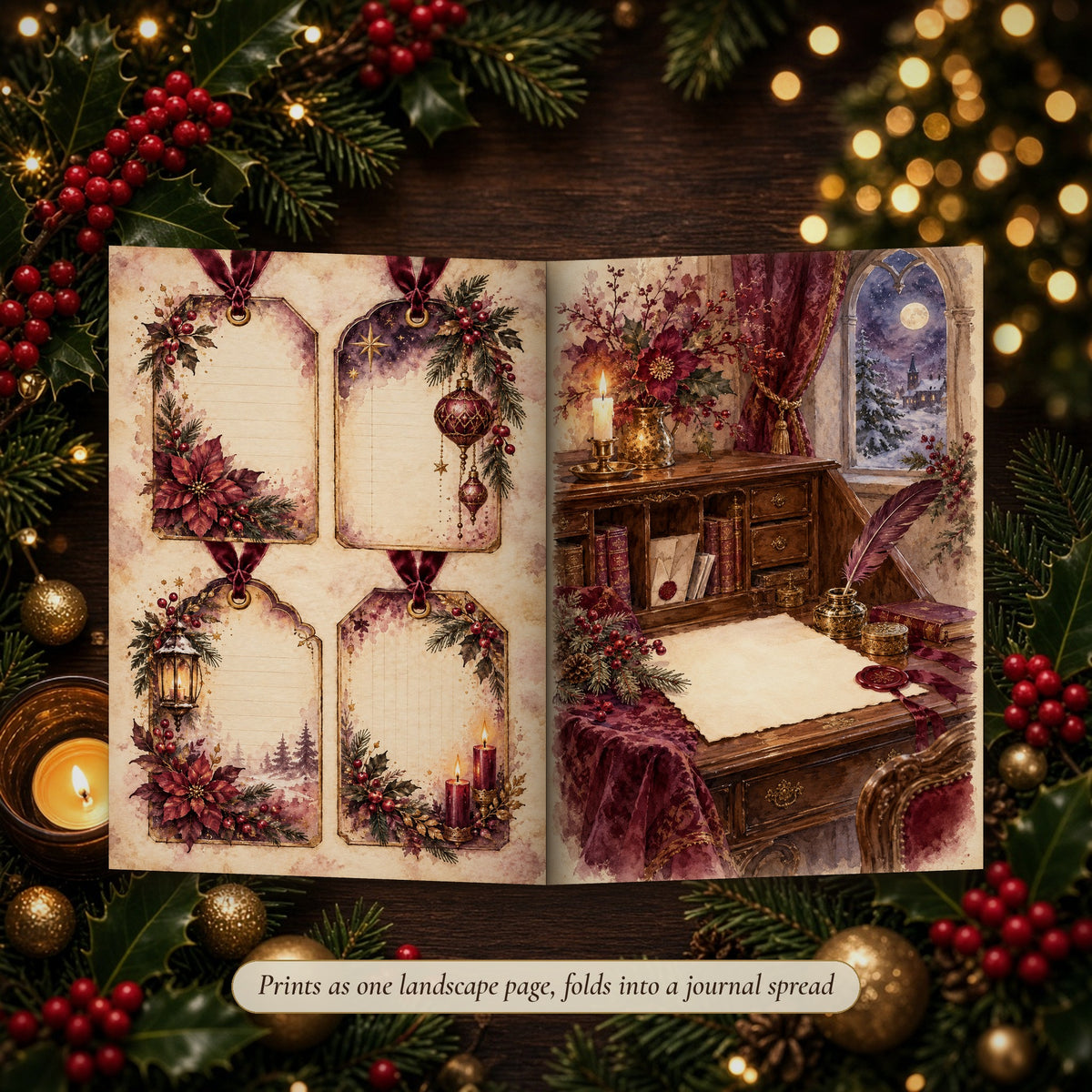 Plum & Burgundy Midnight Watercolour Christmas double-page spread folded into a handmade junk journal