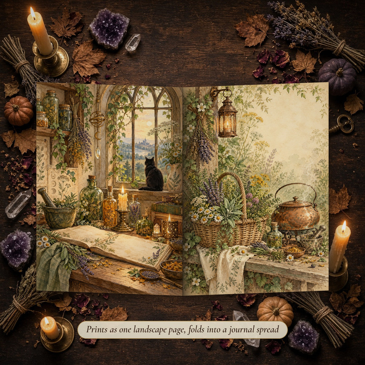Apothecary Herbal Witch double-page spread folded into a handmade junk journal