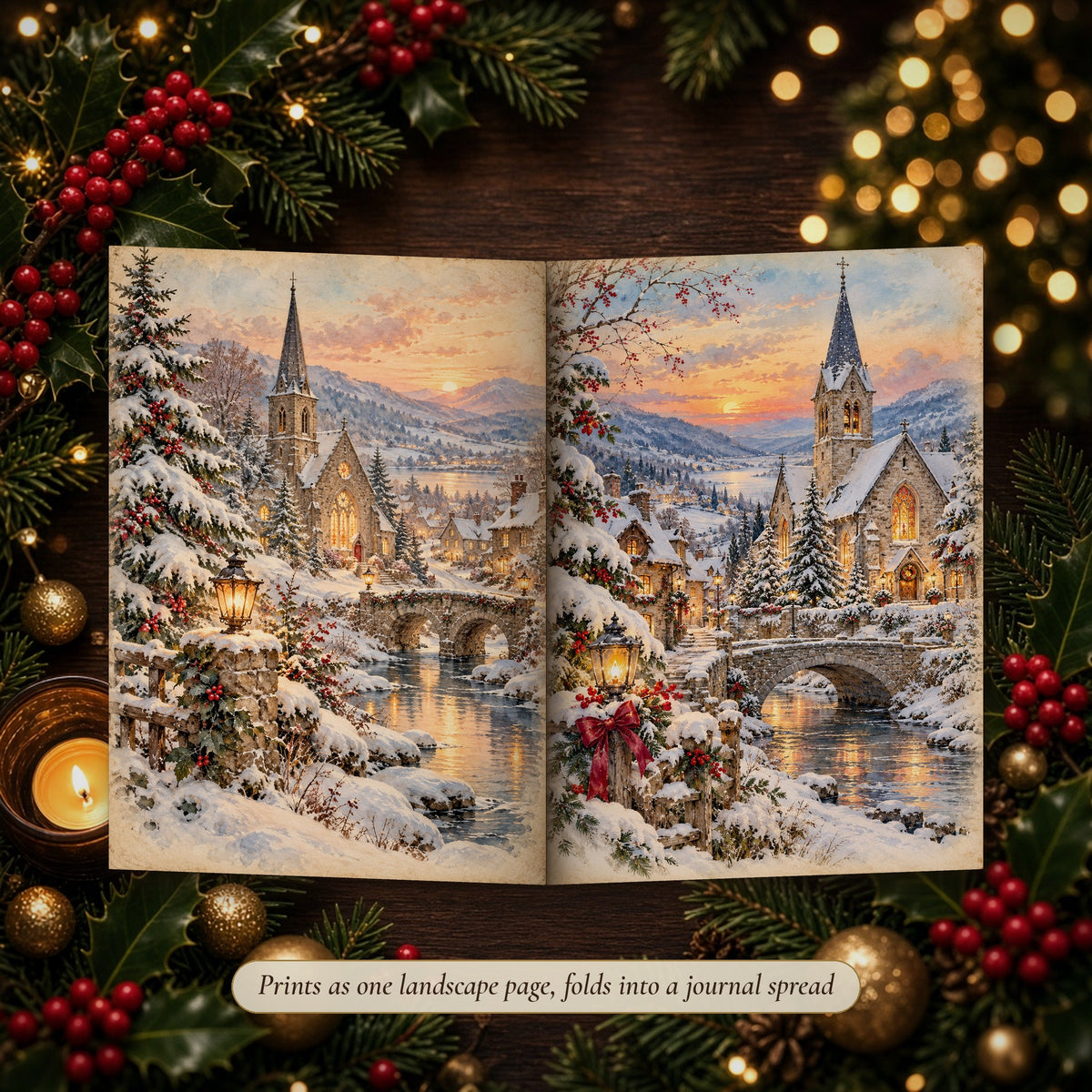 Snowy Village Winter Wonderland double-page spread folded into a handmade junk journal