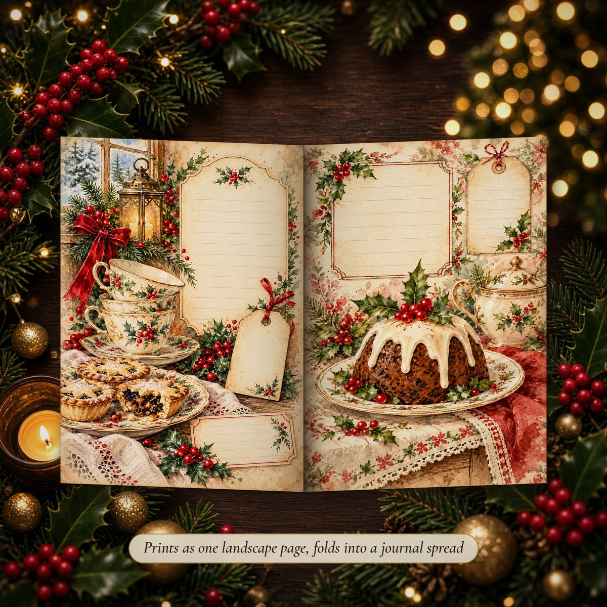Red & Green Cottage Watercolour Christmas double-page spread folded into a handmade junk journal