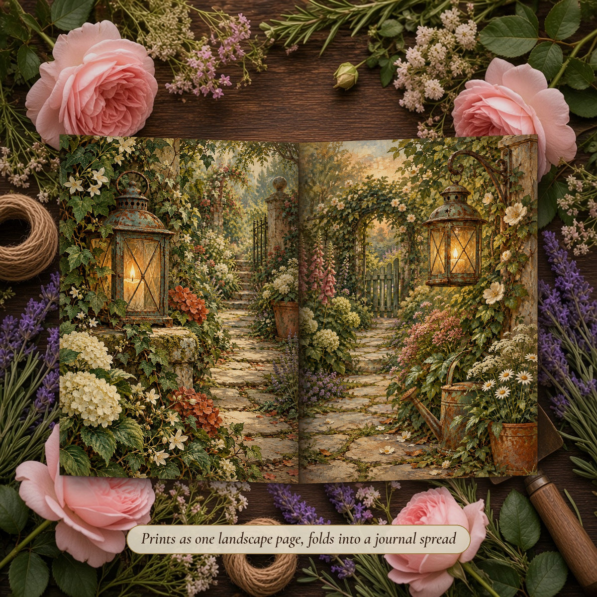 Woodland Mushroom Garden double-page spread folded into a handmade junk journal