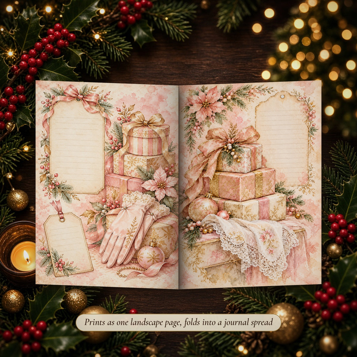 Blush & Gold Watercolour Christmas double-page spread folded into a handmade junk journal
