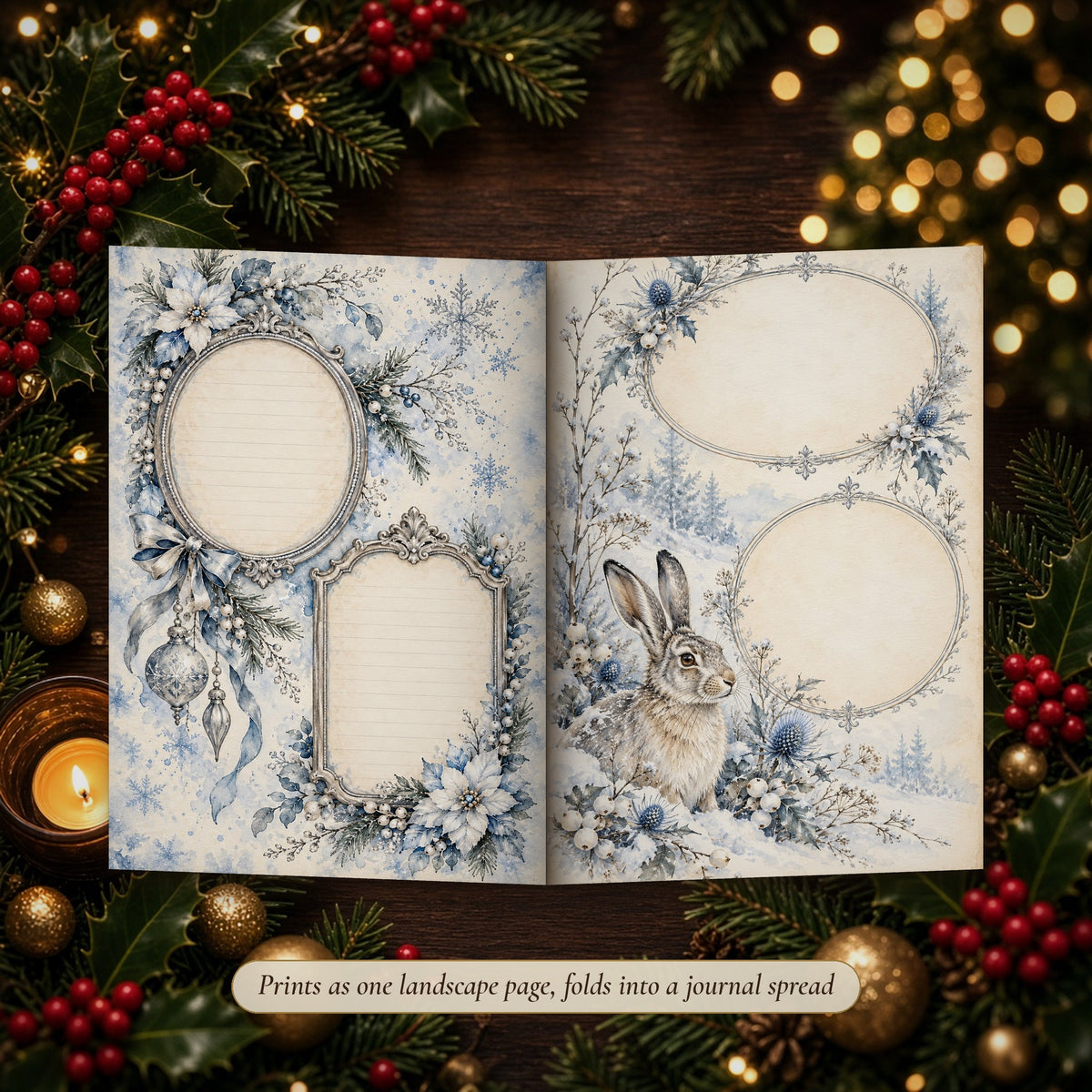Frosted Blue & Silver Watercolour Christmas double-page spread folded into a handmade junk journal