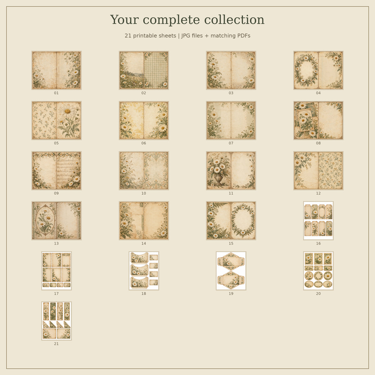 Vintage Daisy Junk Journal Kit - 15 Double-Page Spreads + 6 Ephemera Sheets
